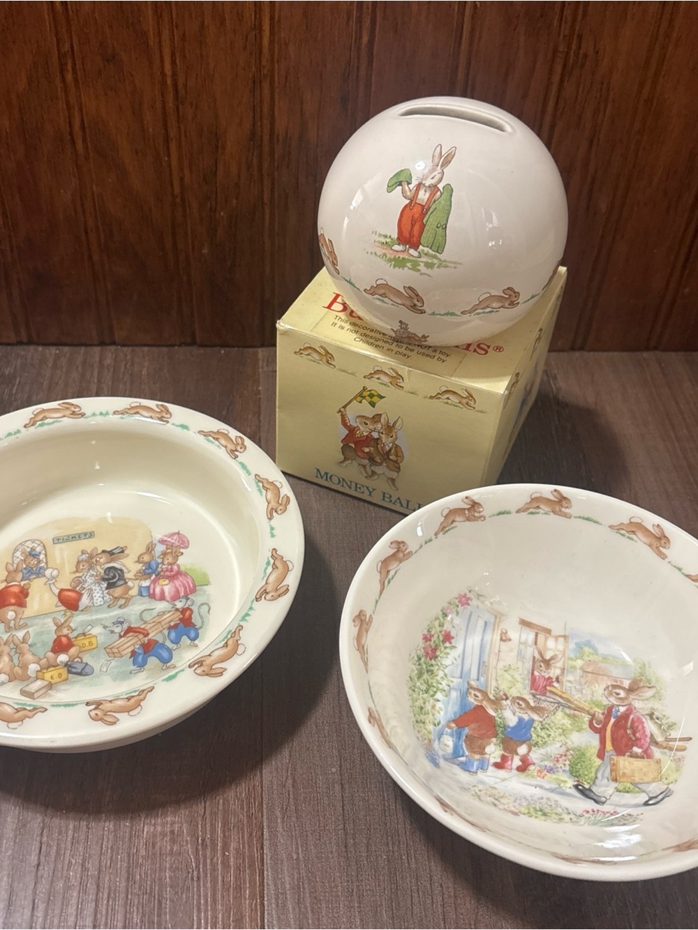 Royal Doulton White Bunny Ceramic Money Ball and Storybook Bowls